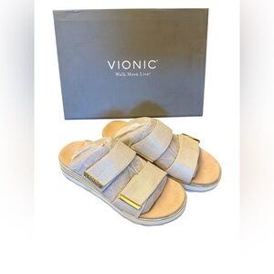 Vionic Tan Platform Slide Sandals with Gold Trim